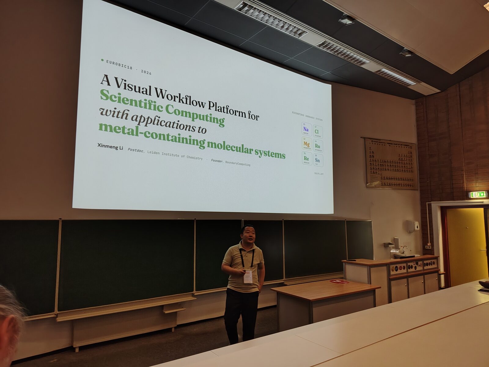 Xinmeng Li presenting Salpa at EuroBIC18, beside the talk’s title slide.